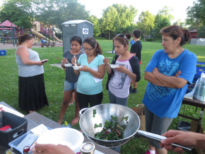 Cooking spicy swiss chard for the neighborhood on June 25th, 2014. (Photo source: Farmer to Family Blog)
