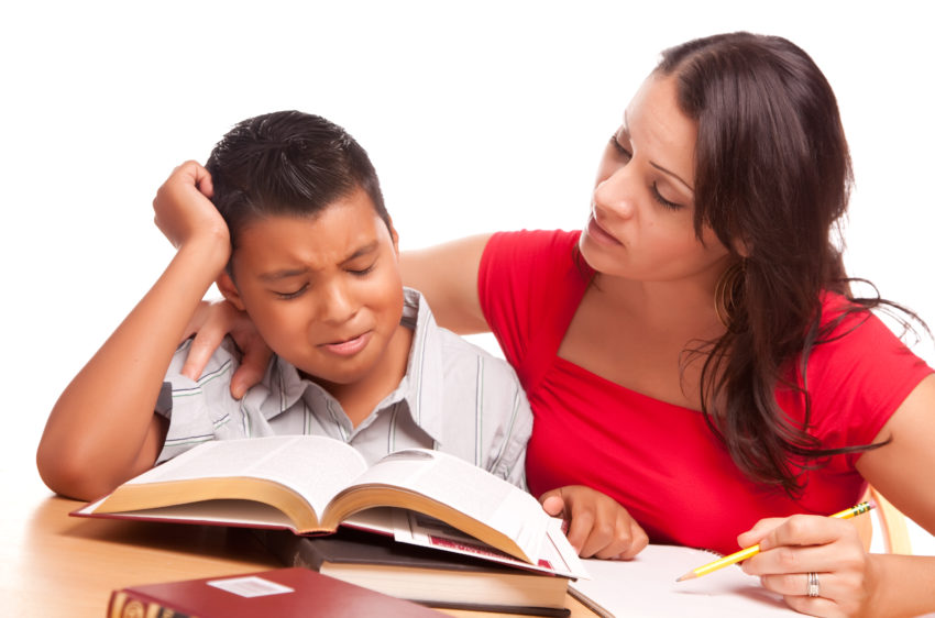 Frustrated Latino Son and Mother Study Homework School