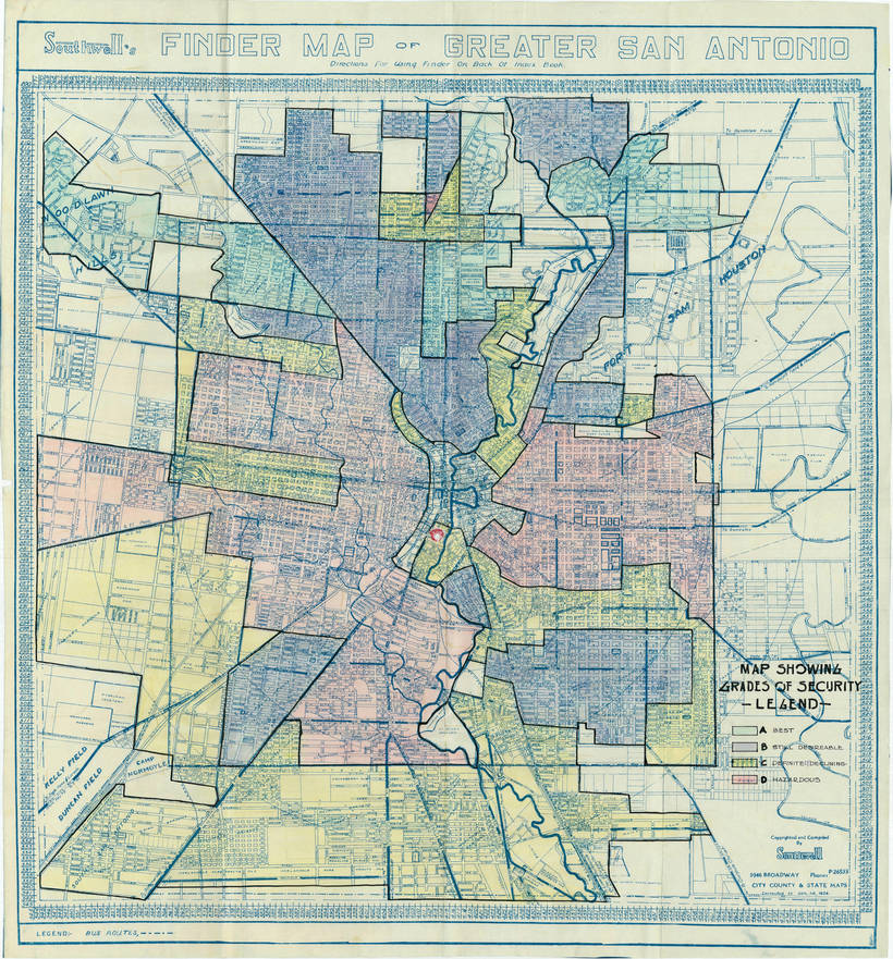 A hand-colored map from the 1930s shows "red-lining”of San Antonio’s near downtown area for real estate investment purposes. Source: University of Texas at San Antonio (UTSA) Digital Collection