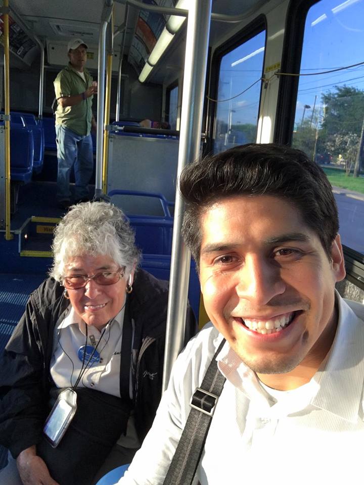 Rey Saldaña and Antonia Mata ride the bus for equitable transportation. Source: Rey Saldaña Facebook