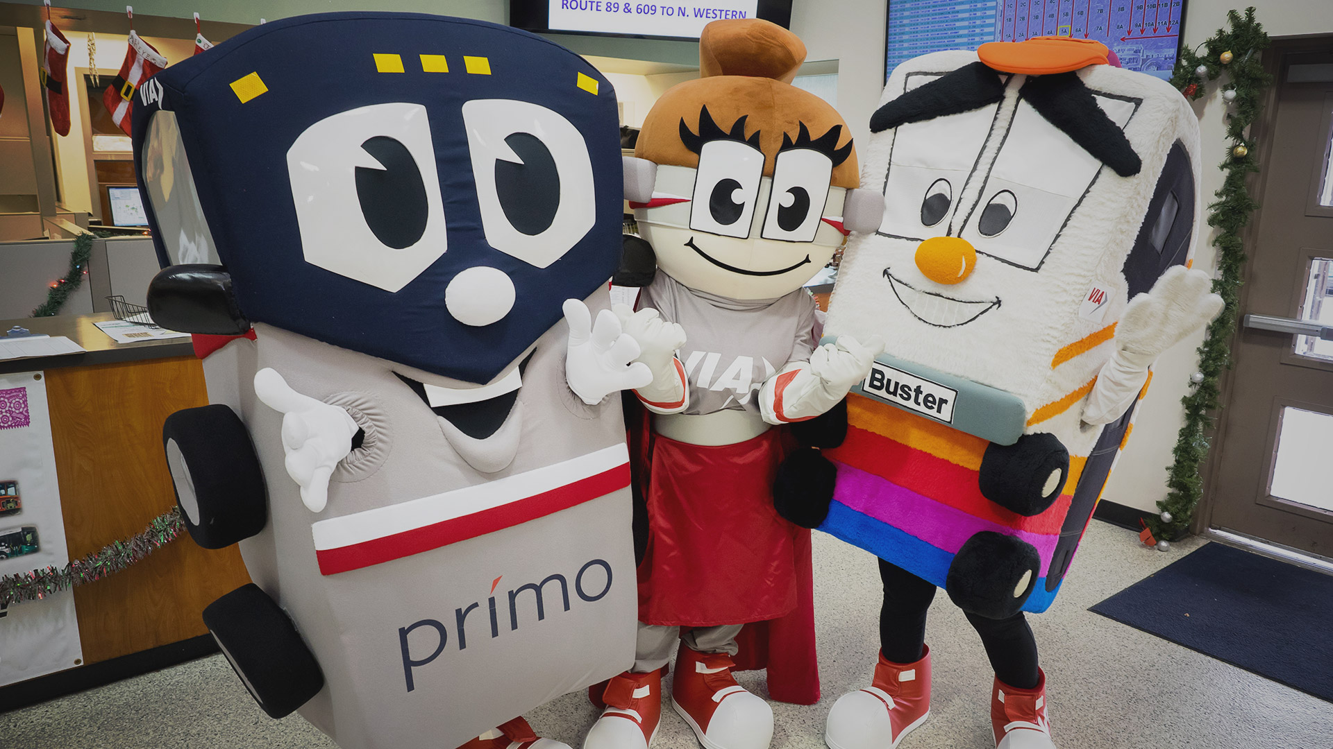 VIA Metropolitan Mascot Family, Prímo, Safety Sophie, and Buster the Bus (left to right). Source: VIA