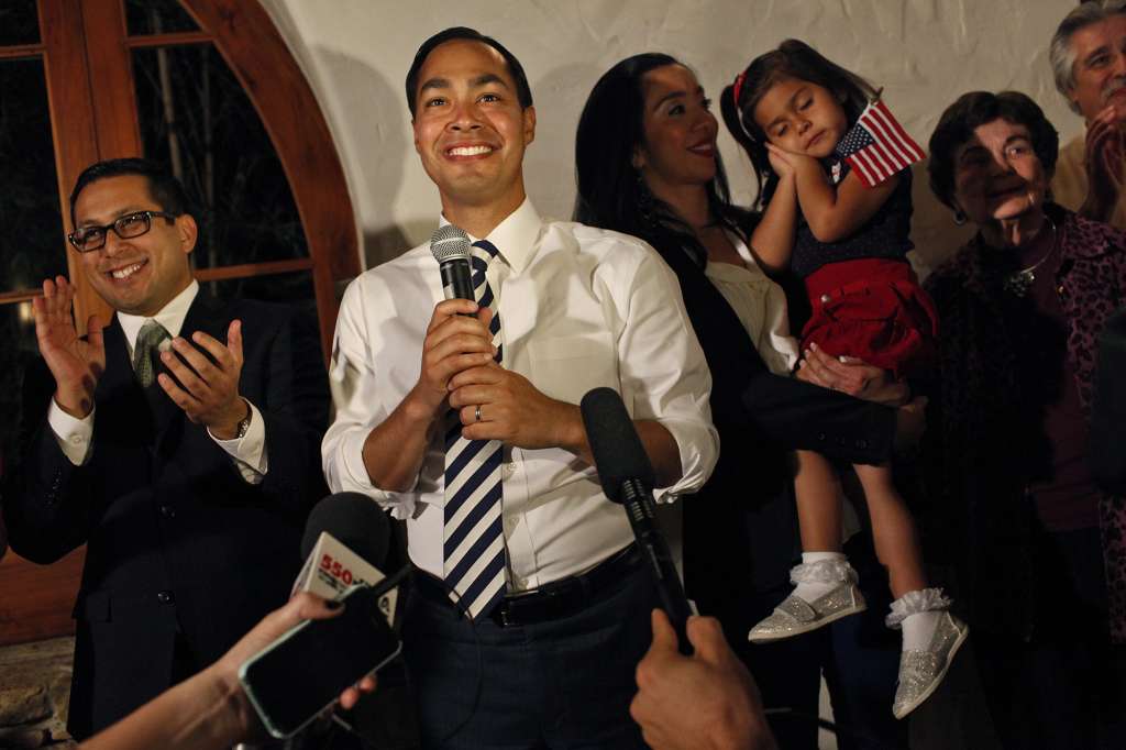 Mayor Julián Castro thanks his supporters and staff as results for the Pre-K 4 SA campaign come in during an election watch party. With him are City Councilman Diego Bernal and the mayor’s wife, Erica.