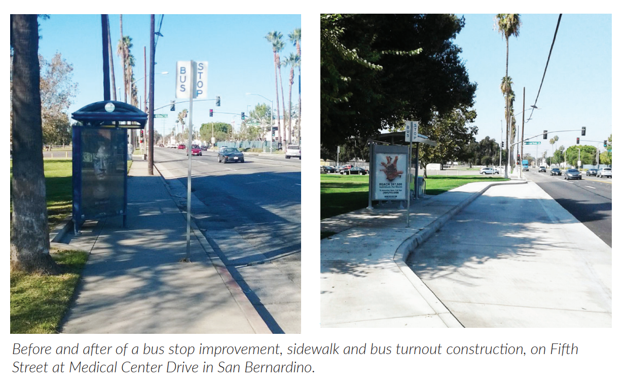 Before and after of a bus stop improvement, sidewalk and bus turnout construction in San Bernardino.