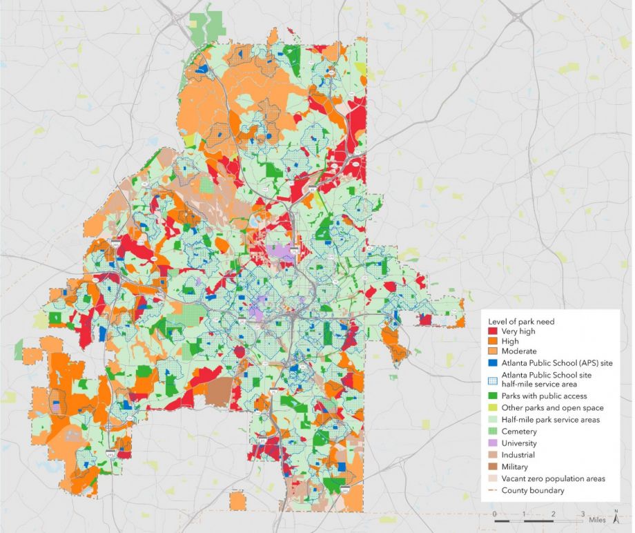 The Trust for Public Land's ParkScore map shows where the most people lack access to parks, overlaid with Atlanta Public School greenspace. Courtesy Trust for Public Land