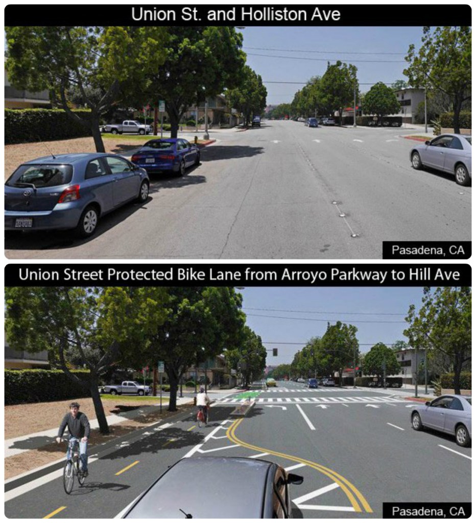 After images of Pasadena’s planned Union Street parking-protected bikeway Images via Pasadena DOT