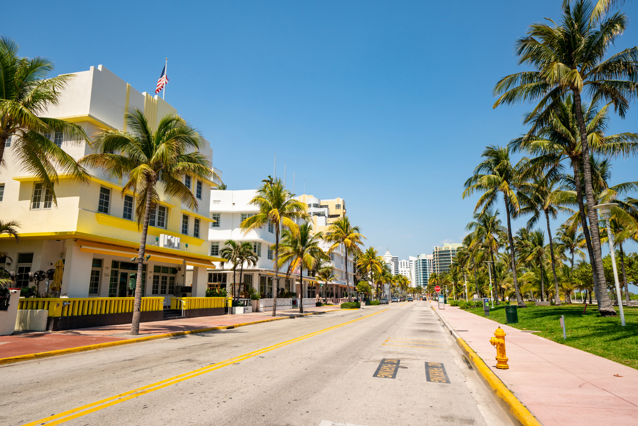 Empty streets of Miami Beach Ocean Drive Coronavirus Covid 19
