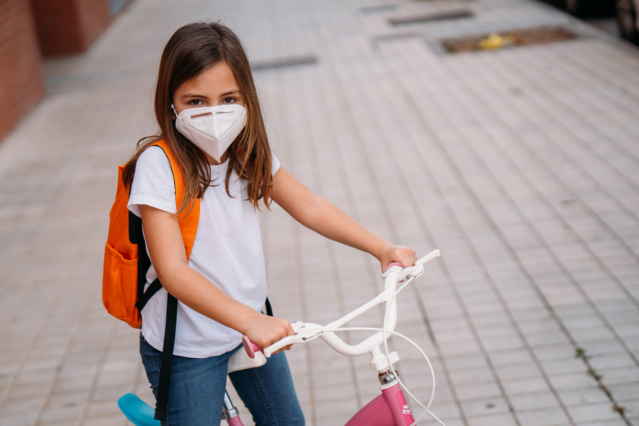 Latina Girl Riding Bike With Face Mask Overing During Covid19