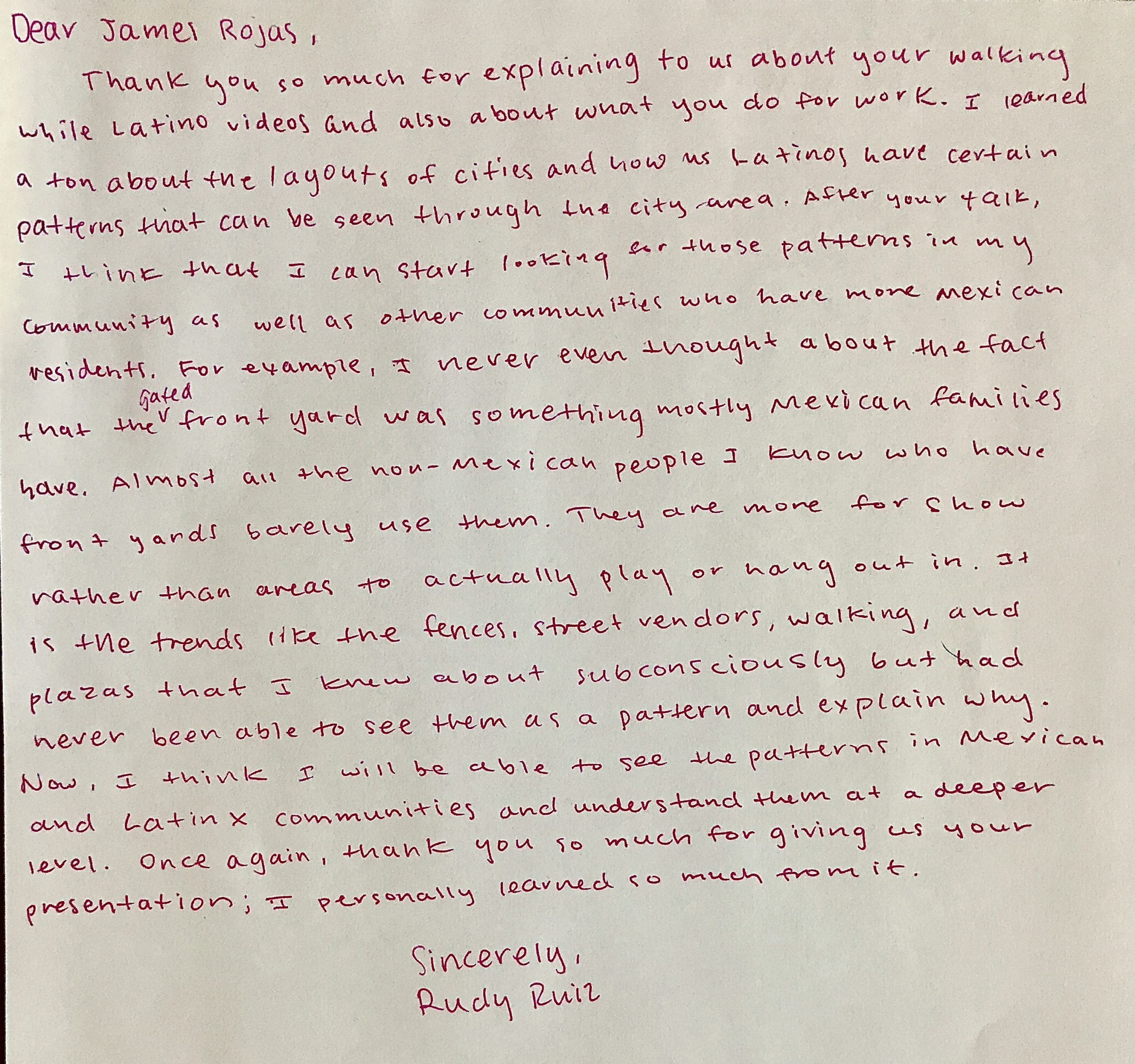 Letter from student who attended James Rojas's virtual presentation on Walking While Latino