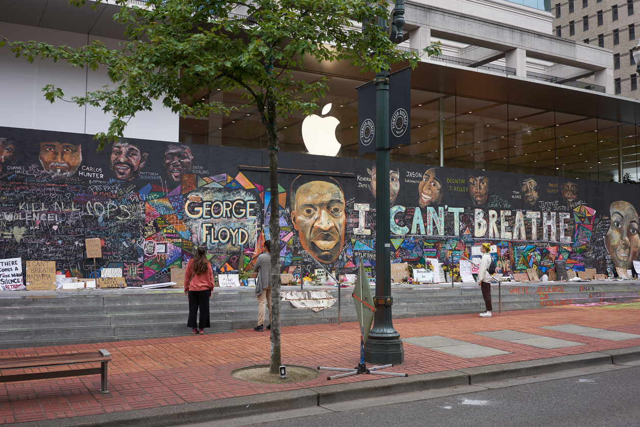 Boarded Up Apple Portland Store With Protest Murals