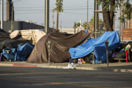 View of the homeless encampments along Central Avenue in Downtown Los Angeles, California.