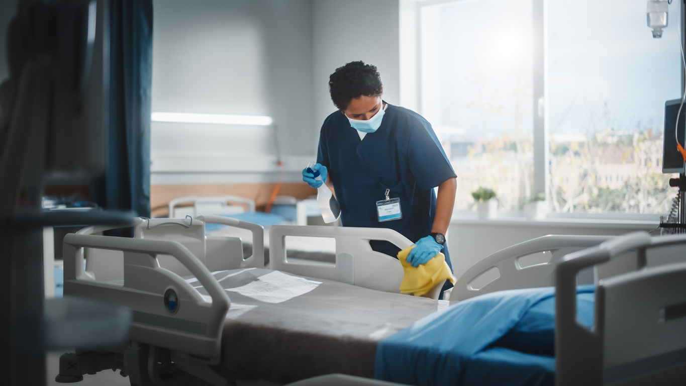 contact time for disinfection cleaning hospital bed with gloves and mask