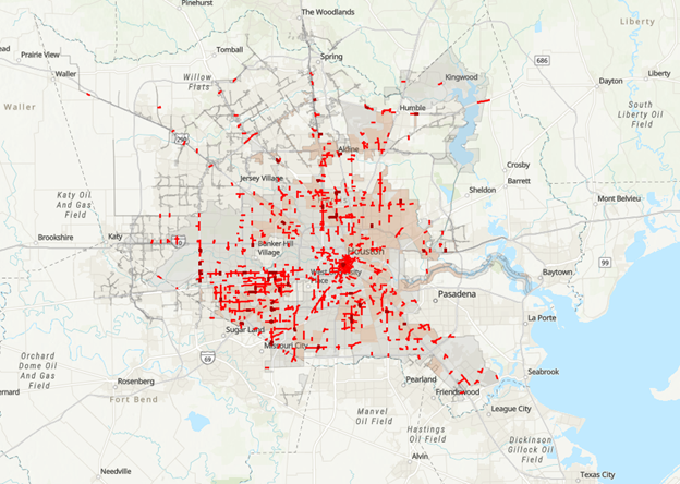 High Injury Network in Houston showing that 6% of Houston streets which account for 60% of traffic deaths and serious injuries.
