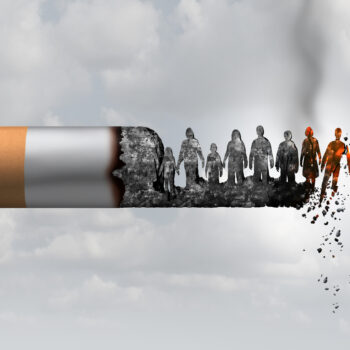 Smoking and society smoker death and smoke health danger concept as a cigarette burning with people falling as victims in hot burning ash as a metaphor causing lung cancer risks with 3D illustration elements.