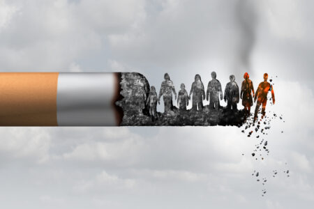 Smoking and society smoker death and smoke health danger concept as a cigarette burning with people falling as victims in hot burning ash as a metaphor causing lung cancer risks with 3D illustration elements.