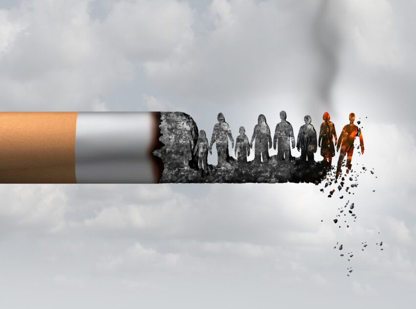 Smoking and society smoker death and smoke health danger concept as a cigarette burning with people falling as victims in hot burning ash as a metaphor causing lung cancer risks with 3D illustration elements.