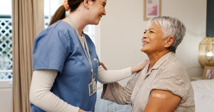 Happy senior woman, nurse or plaster for injection, vaccine or protection from virus germs. Elderly patient, smile or caregiver with bandage for inoculation, wellness or healthcare in retirement home