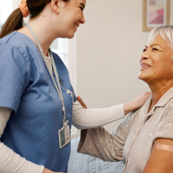 Happy senior woman, nurse or plaster for injection, vaccine or protection from virus germs. Elderly patient, smile or caregiver with bandage for inoculation, wellness or healthcare in retirement home