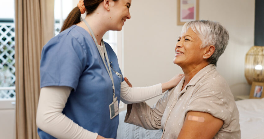 Happy senior woman, nurse or plaster for injection, vaccine or protection from virus germs. Elderly patient, smile or caregiver with bandage for inoculation, wellness or healthcare in retirement home