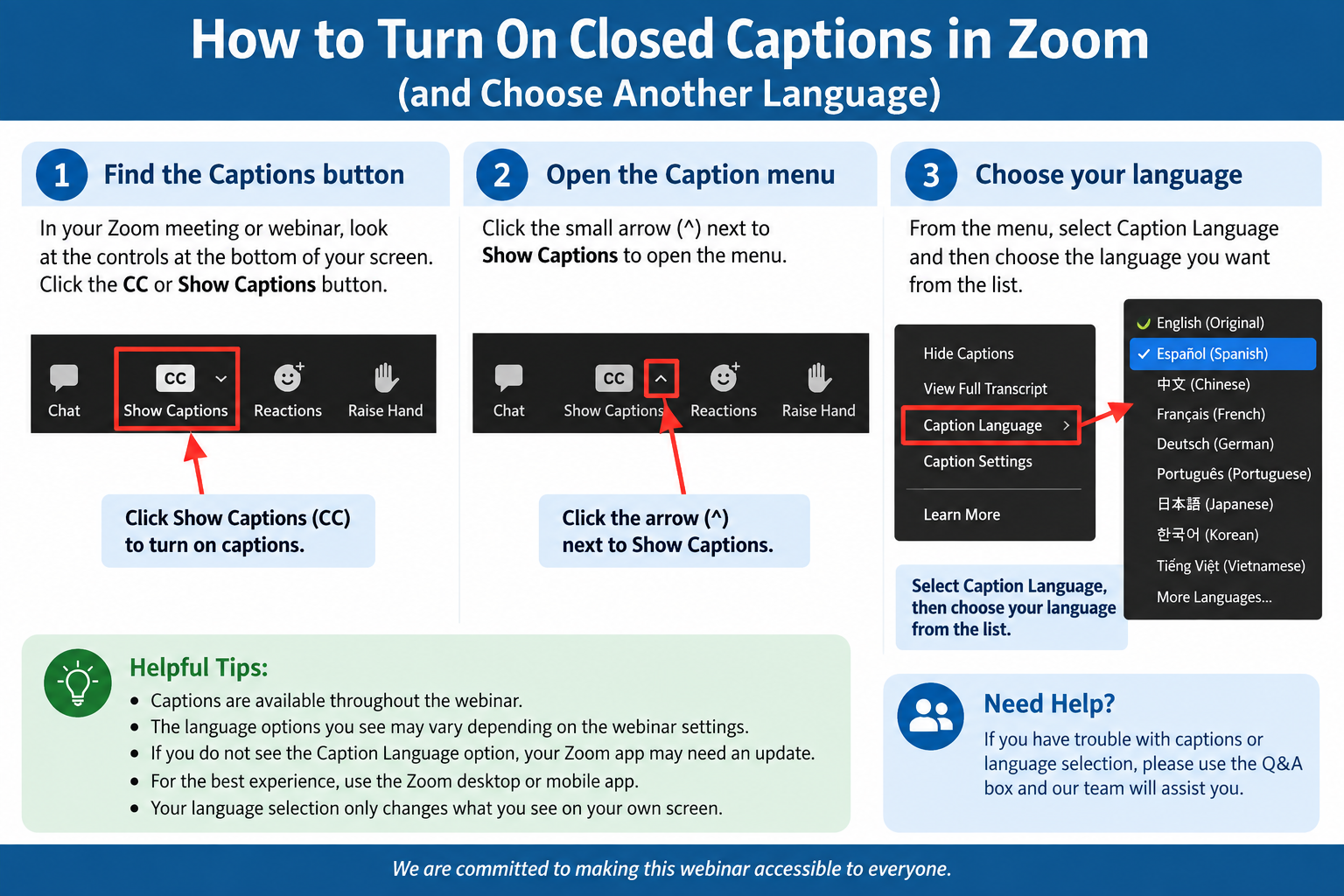 How to access Zoom webinar captions